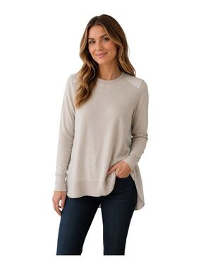 J. Crew Merino Wool Mixed Media Sweater Blouse Size Small Beige Striped Back